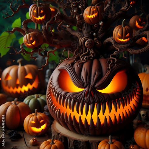 Halloween pumpkin head jack o lantern on dark background with bats and spiders photo