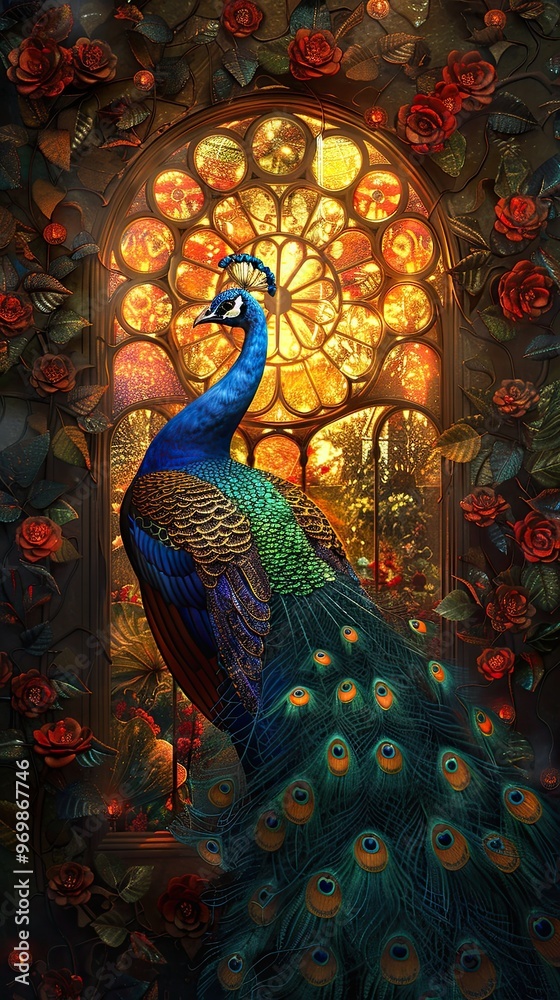 Fototapeta premium A peacock is standing in front of a stained glass window with red roses