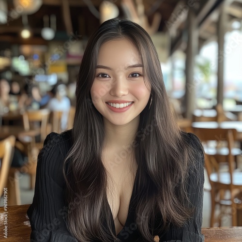 Free Download A young woman with long dark hair smiles warmly while seated at a restaurant table, surrounded by a cozy, casual atmosphere. - GFXLoad