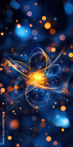 Vibrant abstract background featuring a glowing atom design with colorful light orbs, ideal for technology or science themes. photo