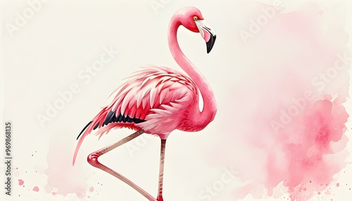 Elegant pink flamingo poised gracefully on one leg in a vibrant watercolor style photo