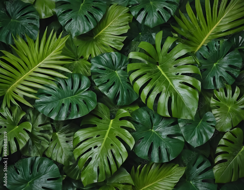 Tropical leaves background, Top view of Monstera leaves.