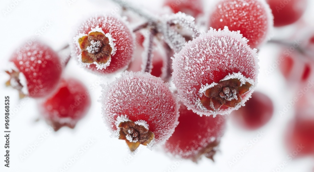 Frost-covered red berries on a branch in winter during a snow-covered landscape Frost-covered red berries on a branch in winter during a snow-covered landscape