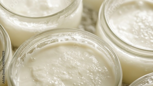 Close-up of creamy white yogurt in glass jars.