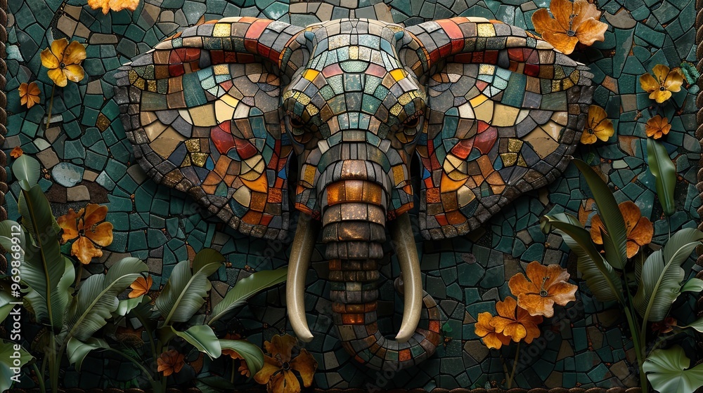Fototapeta premium A mosaic elephant head with a green background