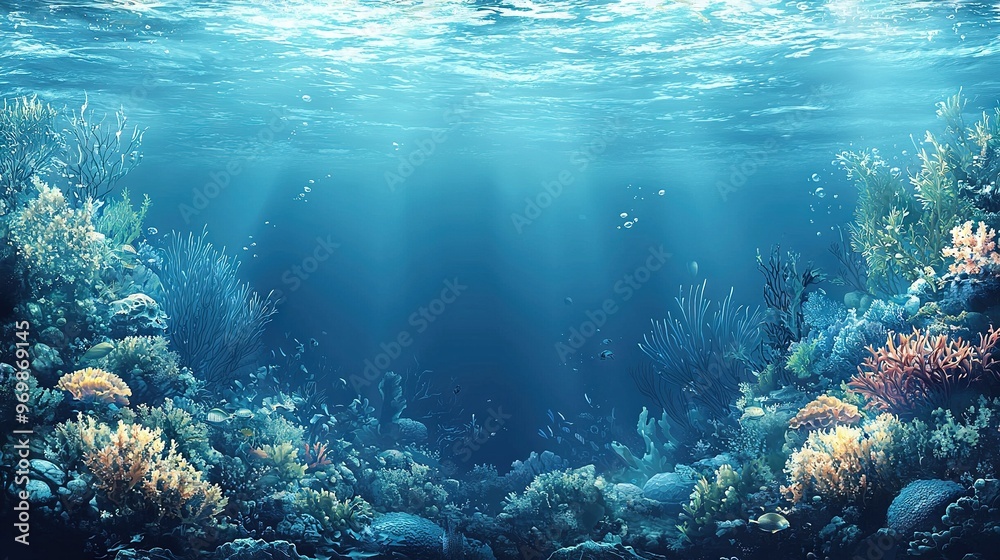 Fototapeta premium An image captures sunlight filtering through the surface of a coral reef underwater