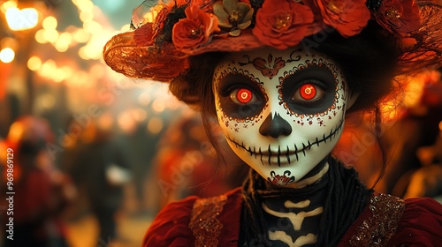 A woman with sugar skull makeup and red eyes stares intently at the camera during a Day of the Dead celebration. photo