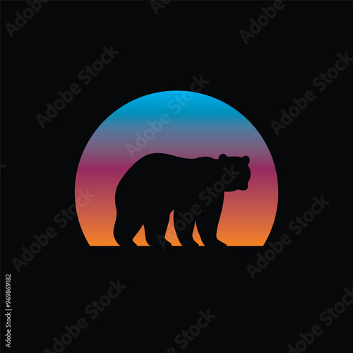 Silhouette of a bear against a striped retro sunset. Original vector illustration in vintage style isolated on light background. T-shirt design.