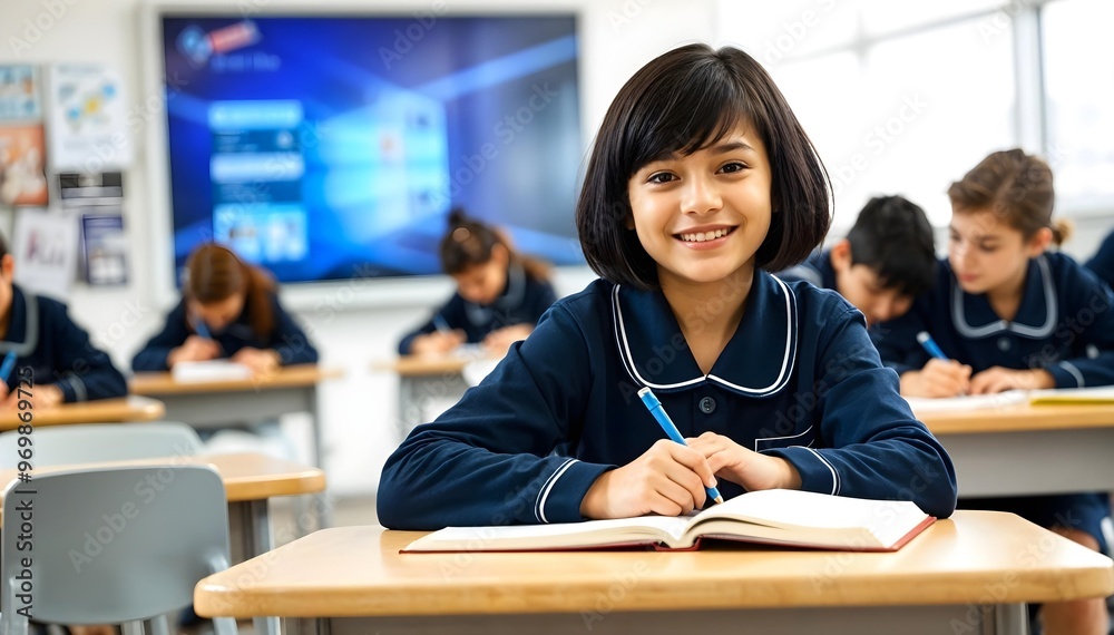 Portrait of a young girl happily taking class notes in school classroom Portrait of a young girl happily taking class notes in school classroom