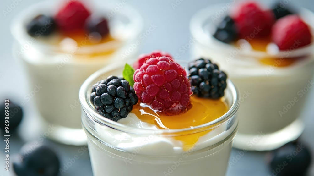Close-up of yogurt with raspberries, blackberries, and honey. Close-up of yogurt with raspberries, blackberries, and honey.