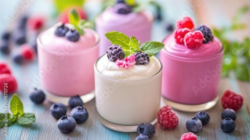 Delicious yogurt with blueberries and raspberries.