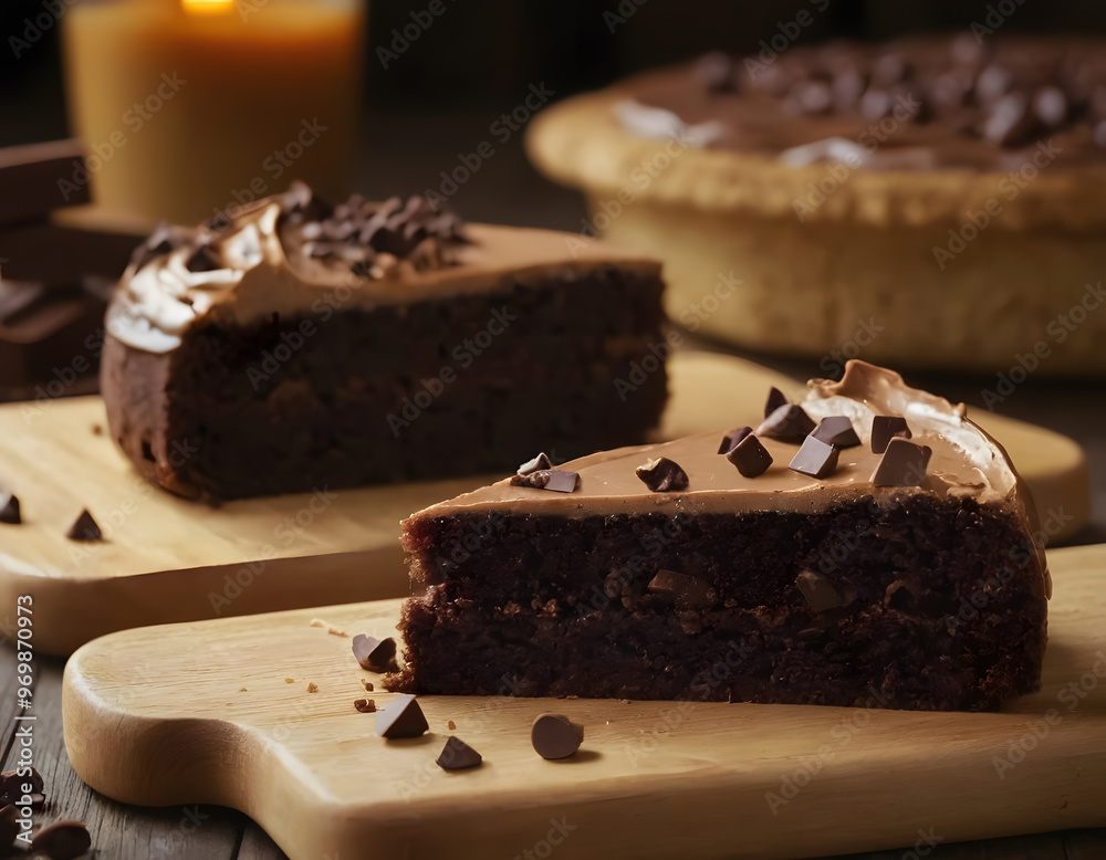 Chocolate cake with chocolate chips on a wooden board. Selective focus. Chocolate cake with chocolate chips on a wooden board. Selective focus.