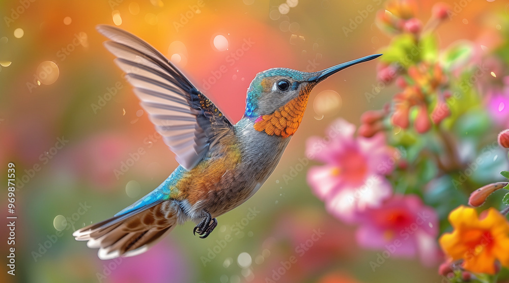 Fototapeta premium Hummingbird in the wild. Beautiful extreme close-up. Chilli. Printable photo with Instant Download. Digital photography. Art Decor. Digital art.
