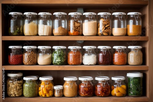 Well-Organized Pantry Room with Glass Storage Jars for Neatly Stored Ingredients