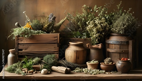 Charming rustic still life featuring wooden crates, dried herbs, and an array of natural elements photo