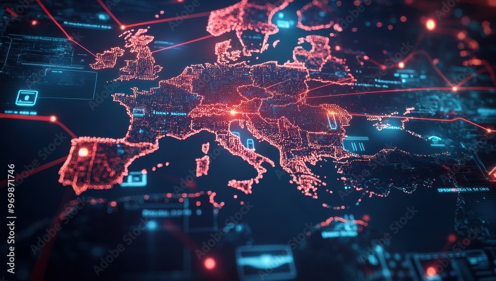 A map of Europe with glowing red and blue lines connecting cities, representing global network connectivity The background is dark to highlight the world map Generative AI A map of Europe with glowing red and blue lines connecting cities, representing global network connectivity The background is dark to highlight the world map Generative AI