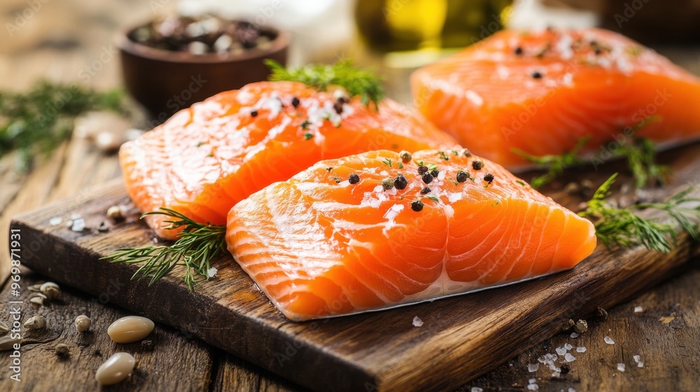Fresh salmon fillets on a rustic wooden board with herbs, gourmet food concept Fresh salmon fillets on a rustic wooden board with herbs, gourmet food concept