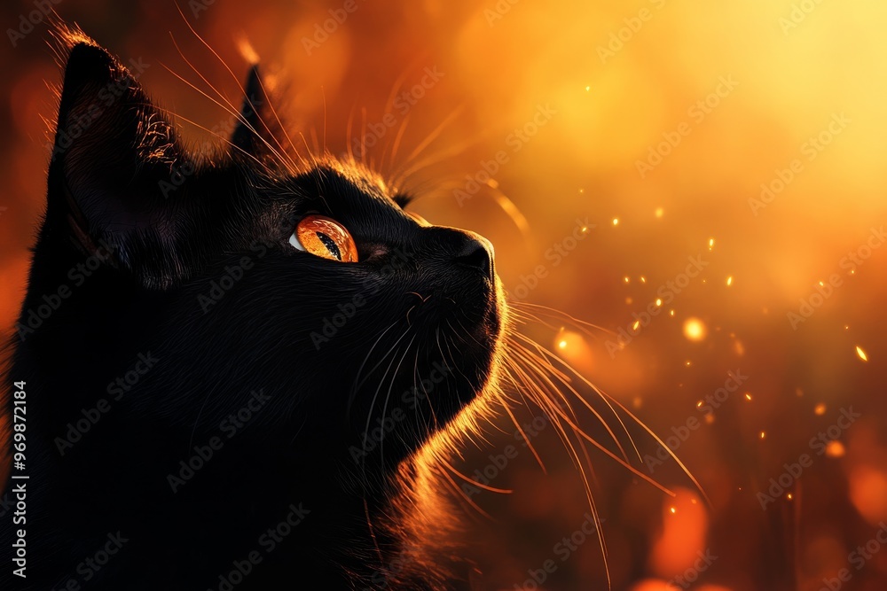 A black cat with mesmerizing golden eyes stares upward, bathed in the ...