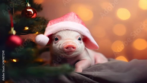 Christmas card with cute newborn santa pig piglet. Decorations symbol of the year Chinese calendar. Holidays, winter and celebration concept