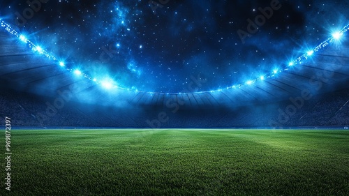 beautiful sports stadium with a green grass field shines with blue spotlights at night with stars. Sports tournament, world championship