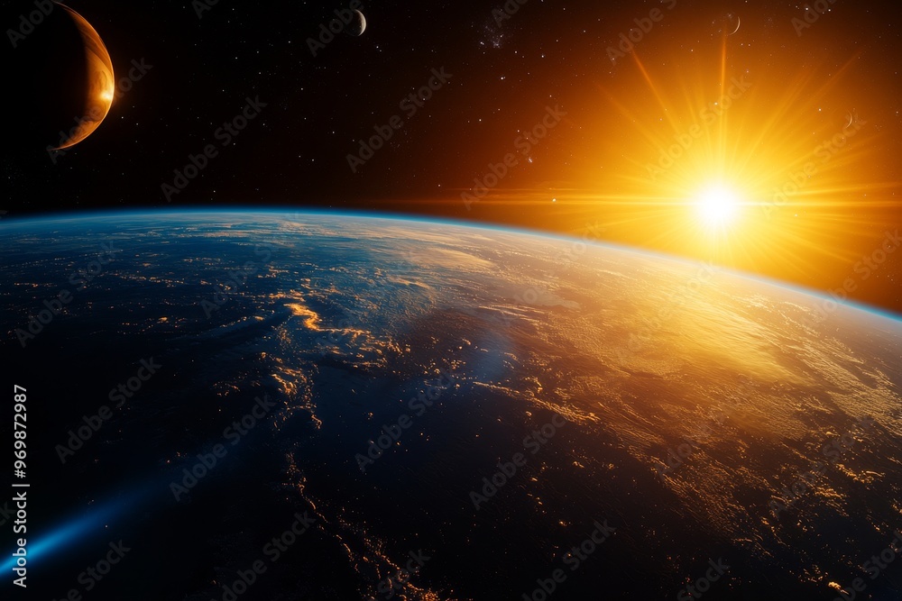 Fototapeta premium A breathtaking view of Earth rising over the horizon as seen from space, with the sun shining brightly in the background, symbolizing hope, new beginnings, unity, and the interconnectedness of life on