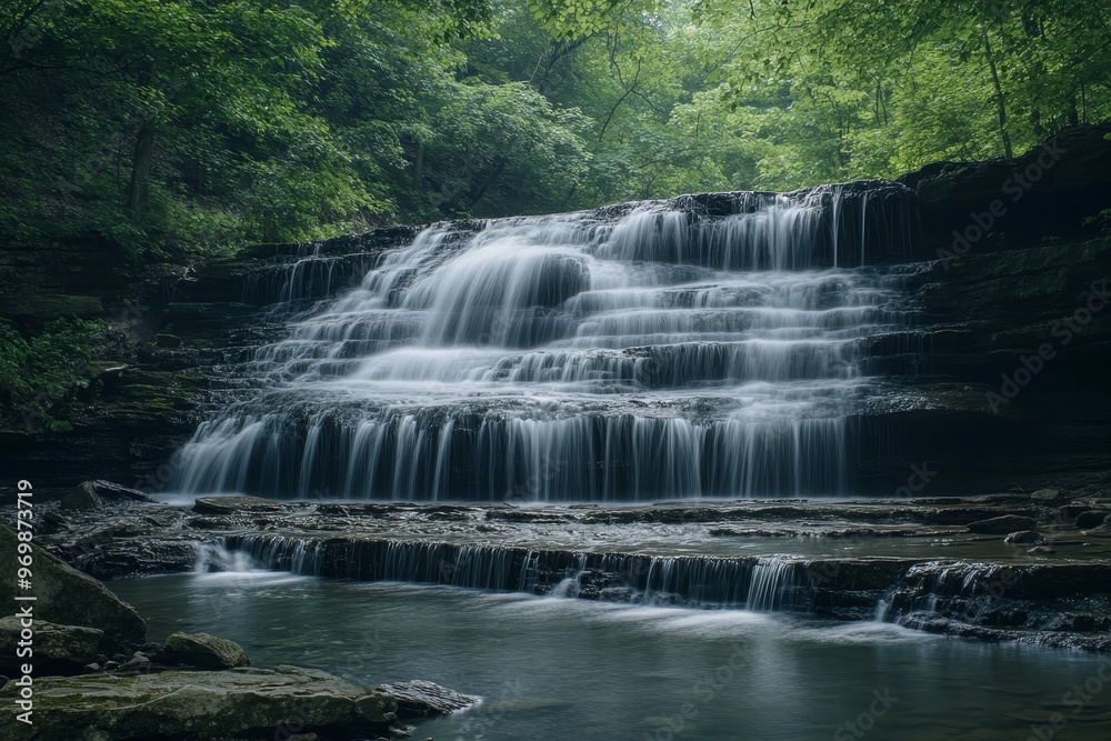 Fototapeta premium A captivating image of a beautiful cascading waterfall flowing over layered rock formations, surrounded by vibrant green foliage. This image symbolizes tranquility, nature's beauty, the power of wate