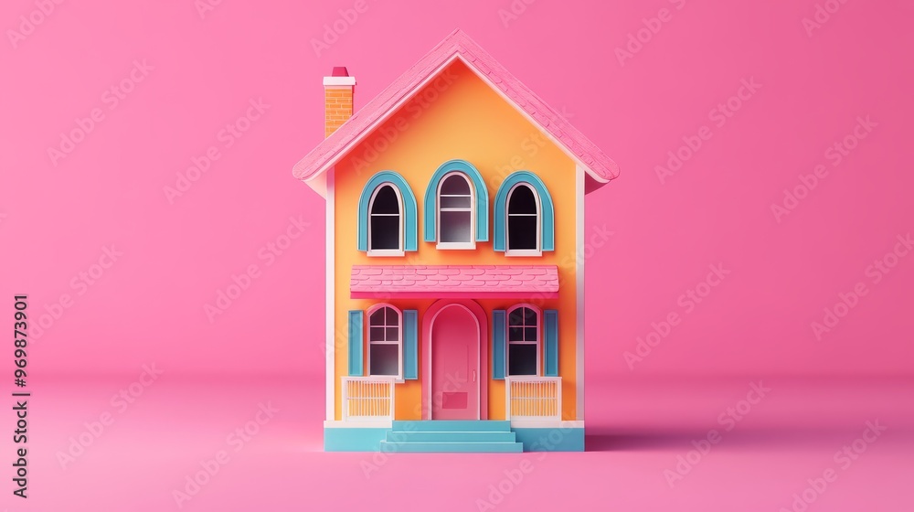 A charming and playful illustration of a cartoon house with a pink roof, yellow walls, and blue accents. The house symbolizes home, happiness, and childhood dreams. A charming and playful illustration of a cartoon house with a pink roof, yellow walls, and blue accents. The house symbolizes home, happiness, and childhood dreams.
