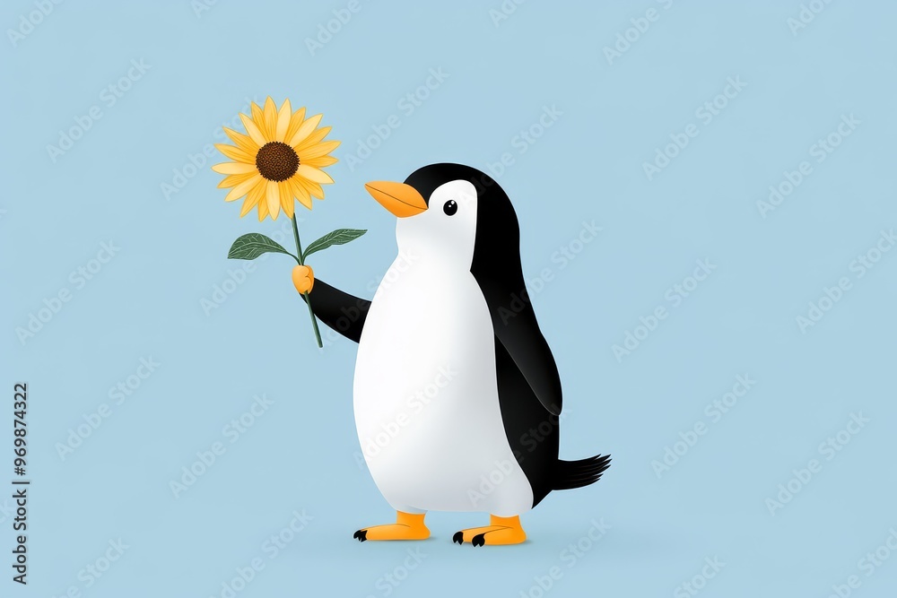 Obraz premium A cheerful cartoon penguin stands on a light blue background, holding a bright yellow sunflower. The penguin's friendly expression and the vibrant sunflower symbolize joy, happiness, and the beauty of
