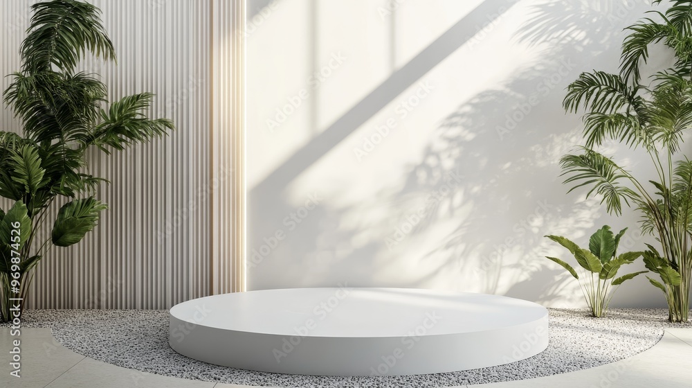 Fototapeta premium A clean and modern product display podium with a natural light setting, featuring a white platform, palm trees, and textured walls. This creates an airy and minimalist aesthetic, perfect for showcasin