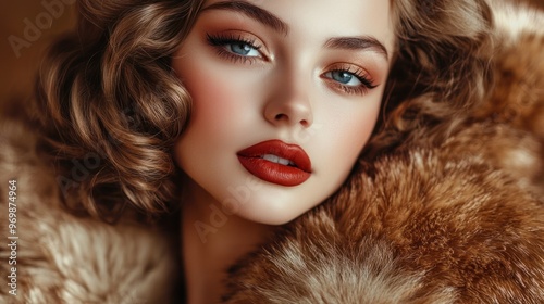 Closeup Portrait of a Beautiful Woman with Red Lipstick