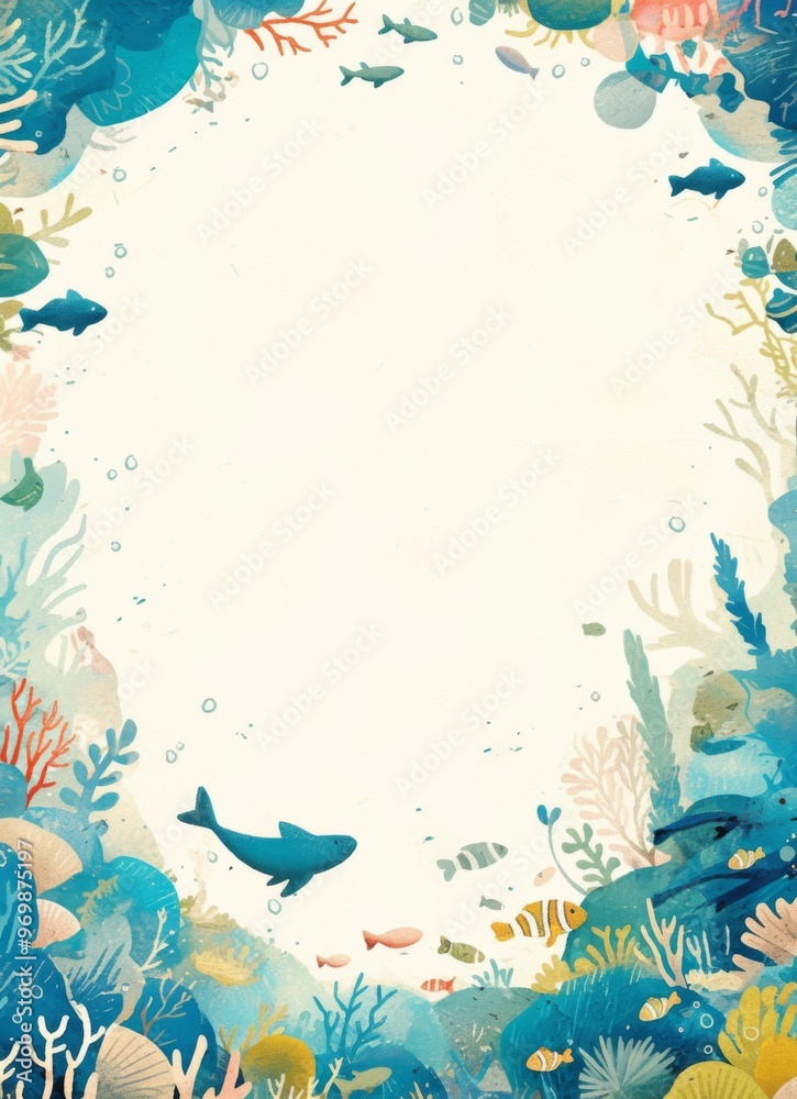 Obraz premium Elegant Ocean-Themed Book Cover Pattern Frame with Small Fish, Corals, and Bubbles, Featuring a White Space for Title in a Pastel Watercolor Style