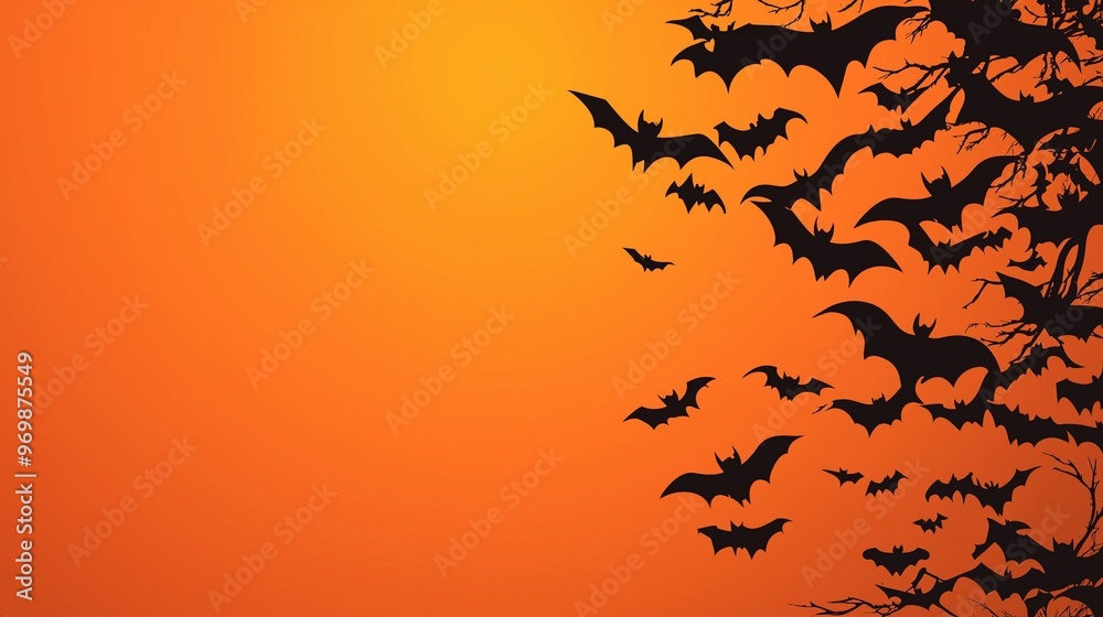 Halloween Bats Silhouette Against Orange Sky Halloween Bats Silhouette Against Orange Sky