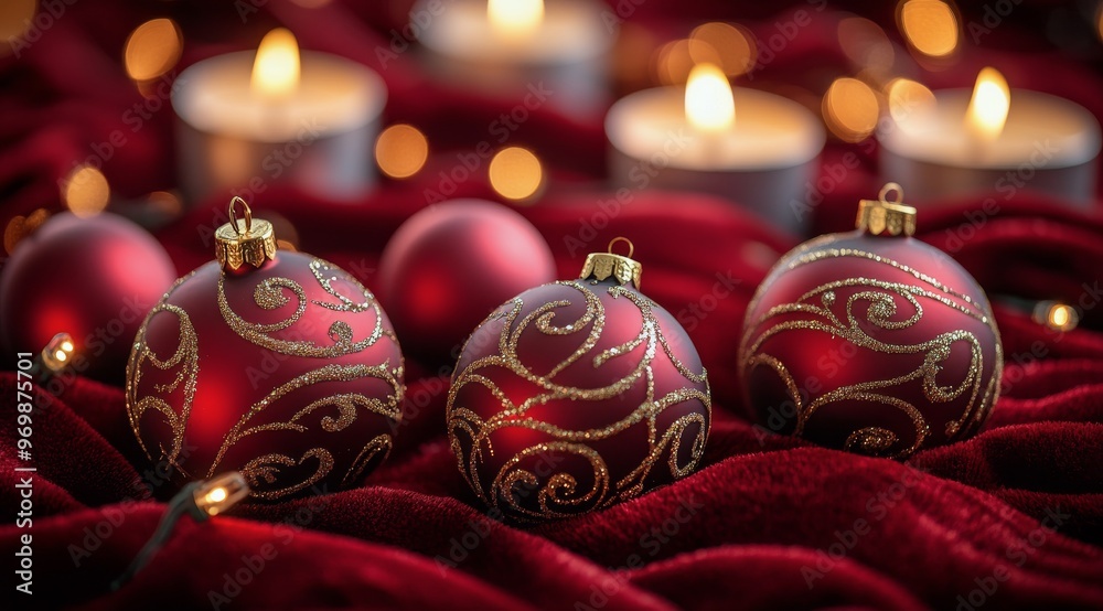 Elegant Christmas ornaments on a rich red fabric with candles glowing softly in the background