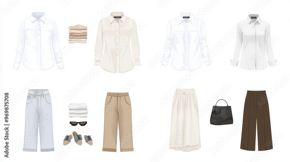 Create an image that shows the white shirt paird with various fashion items.Include different types of trousers,skirts,jackets,or ccessories to demonstrate how the shirt complements different outfits. Create an image that shows the white shirt paird with various fashion items.Include different types of trousers,skirts,jackets,or ccessories to demonstrate how the shirt complements different outfits.