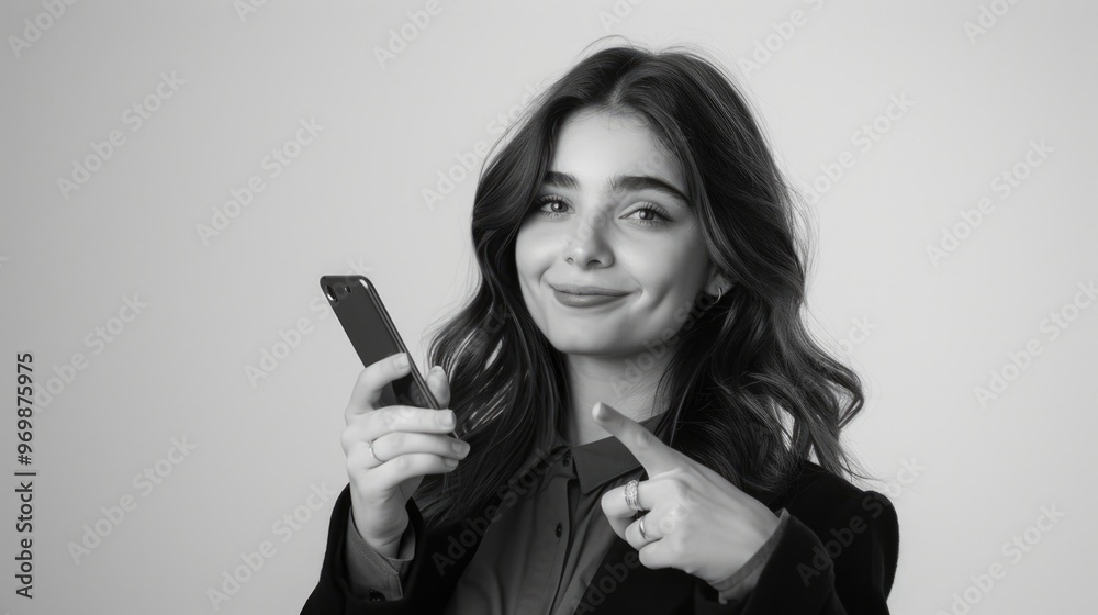 Confident Woman with Phone, Posing for Photo Confident Woman with Phone, Posing for Photo