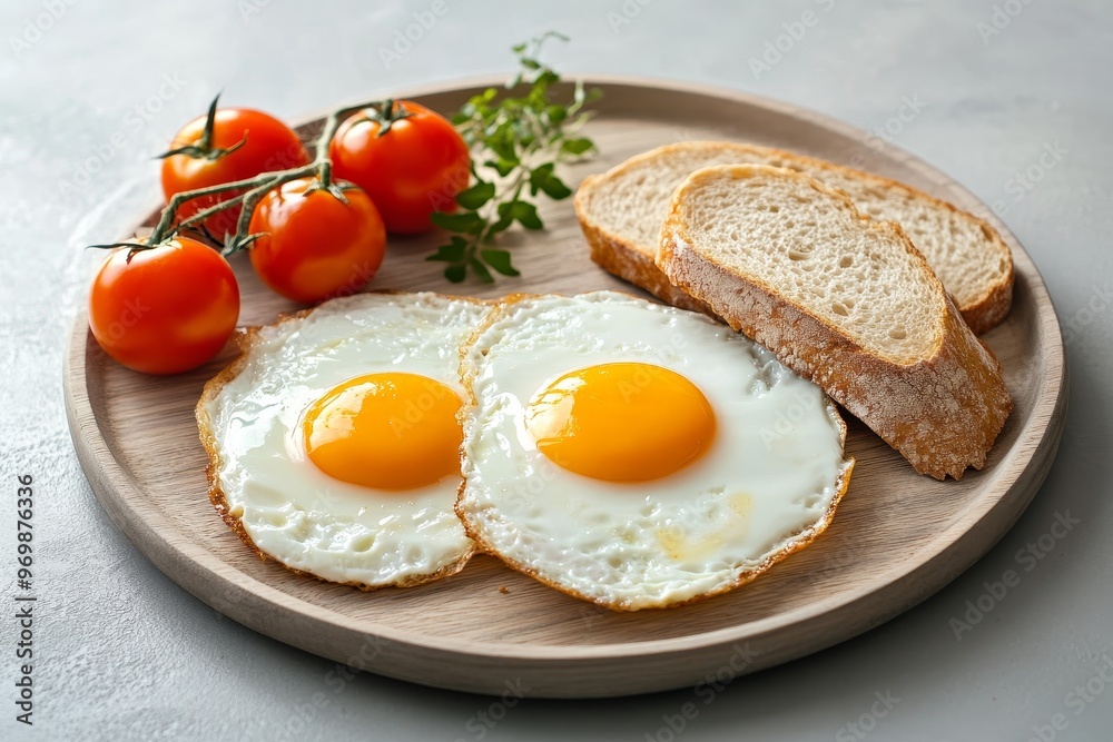 A close-up shot of a plate with two perfectly fried eggs, juicy red tomatoes, and crusty bread slices. This image represents a healthy and satisfying breakfast, perfect for a start to the day. A close-up shot of a plate with two perfectly fried eggs, juicy red tomatoes, and crusty bread slices. This image represents a healthy and satisfying breakfast, perfect for a start to the day.
