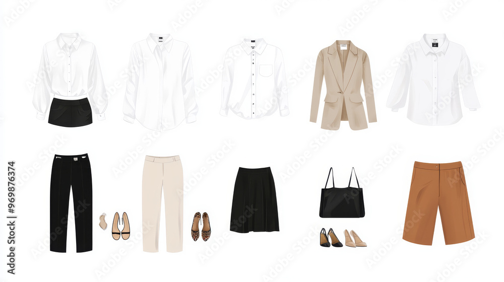 Create an image that shows the white shirt paird with various fashion items.Include different types of trousers,skirts,jackets,or ccessories to demonstrate how the shirt complements different outfits.
