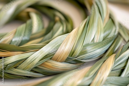 A close-up shot of a woven braid of sweet grass, showcasing its natural beauty and delicate texture.  The braid is perfect for crafting, smudging, and aromatherapy. photo