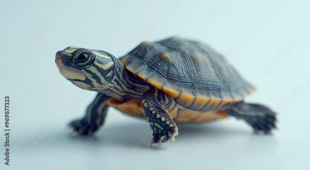 A close-up view of a colorful turtle on a light background in a calm indoor setting A close-up view of a colorful turtle on a light background in a calm indoor setting