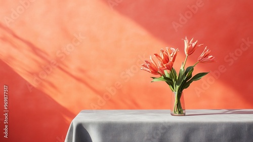 A minimalist light grey tablecloth with subtle worn spots, styled on a bright coral background, featuring clean, contemporary design