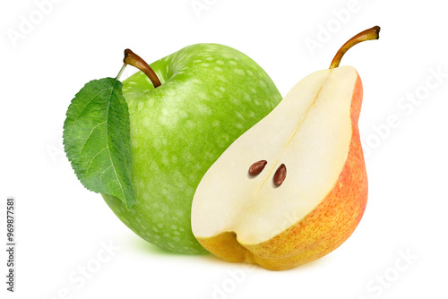 Pear and apple on isolated white background.