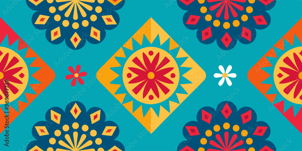 Vibrant geometric seamless pattern with perforated motifs for textile and design