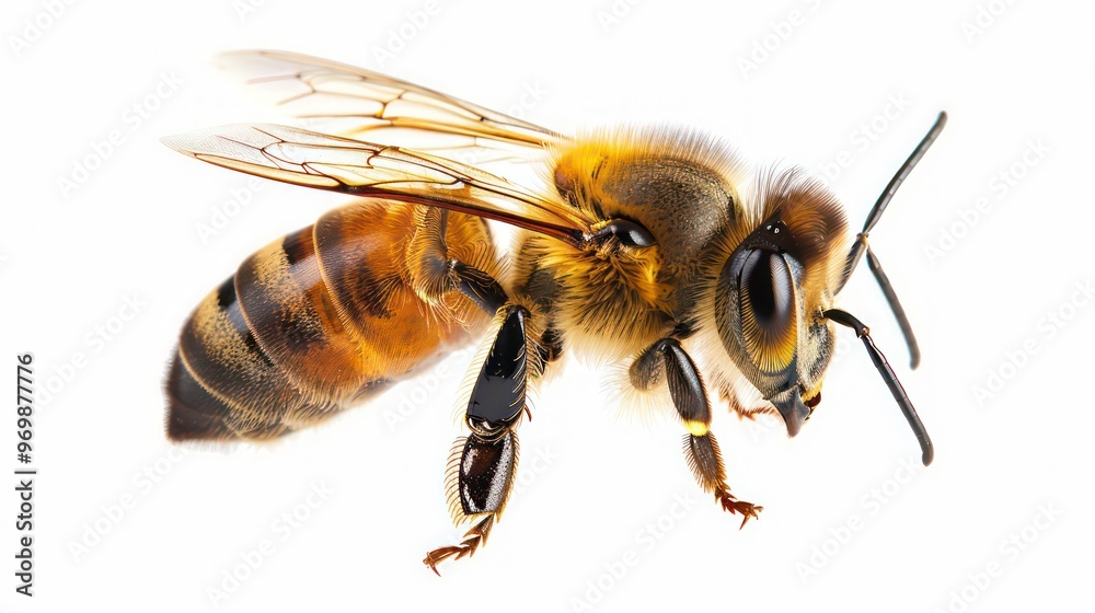 A close-up of a bee with its wings spread out. The bee is on a white background. A close-up of a bee with its wings spread out. The bee is on a white background.