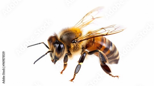 Close-up of a honey bee with wings spread isolated on a white background.