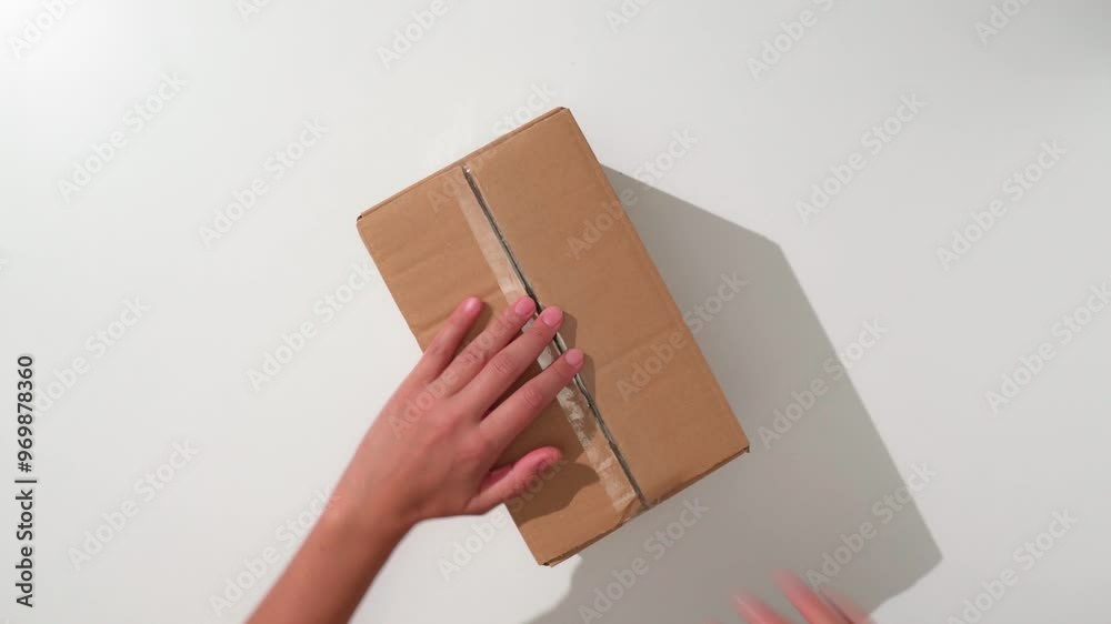Overhead shot of hands opening a cardboard box on white background