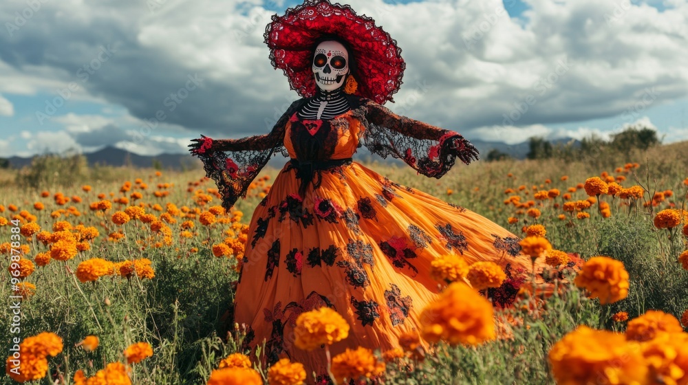 Fototapeta premium A Woman in a Day of the Dead Costume Stands in a Field of Marigolds
