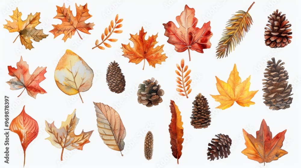 Fototapeta premium Set of watercolor illustrations with various autumn orange leaves, berries and cones. Botanical illustration on white background for greetings, wallpaper, fabric, backgrounds, wrappers, print