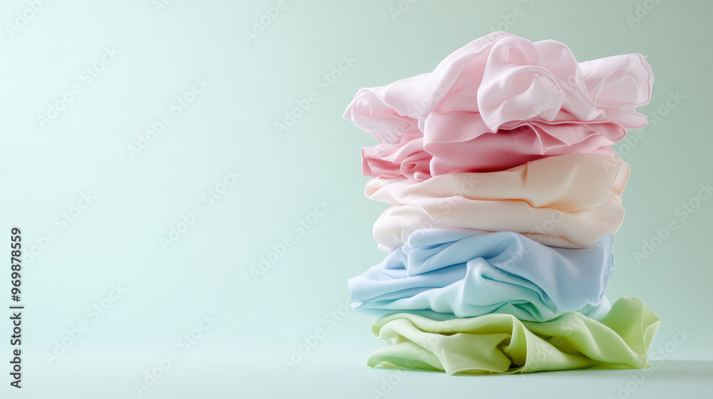 A neatly folded stack of colorful pastel fabrics against a light green background, creating a soft and soothing visual appeal. A neatly folded stack of colorful pastel fabrics against a light green background, creating a soft and soothing visual appeal.