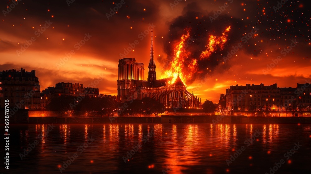 A dramatic night photograph capturing the Notre Dame Cathedral engulfed in flames, symbolizing the fragility of historical landmarks, the power of fire, the strength of the human spirit in the face of A dramatic night photograph capturing the Notre Dame Cathedral engulfed in flames, symbolizing the fragility of historical landmarks, the power of fire, the strength of the human spirit in the face of