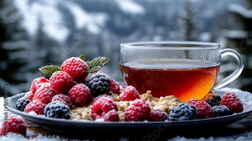 A cozy breakfast scene with oatmeal, berries, and a cup of herbal tea, with a snowy view outside